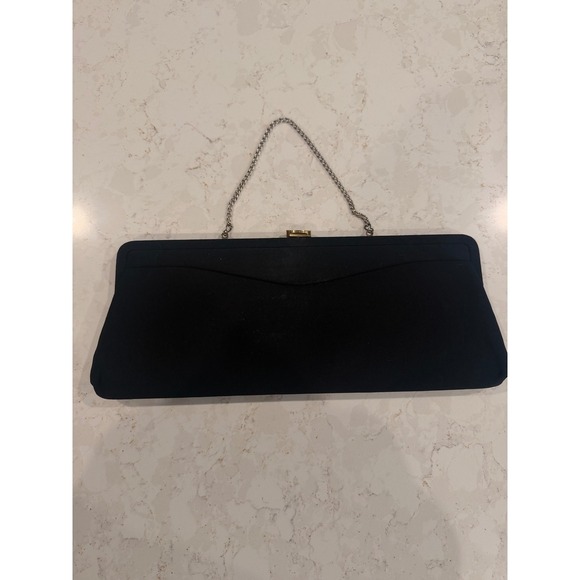 Unbranded Handbags - Vintage Black Fabric Clutch Handbag with Silver Chain Strap and Peach Lining